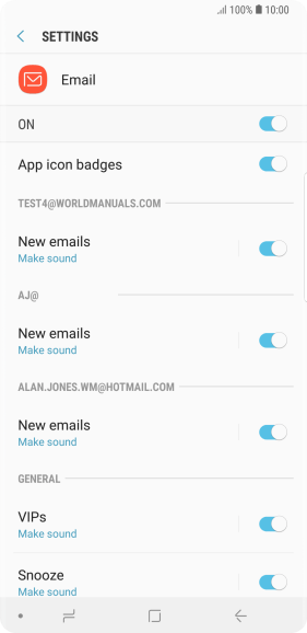 Press the indicator next to the required email account to turn the function on or off.