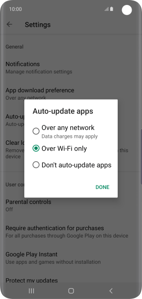 To turn on automatic update of apps using mobile network, press Over any network Data charges may apply.